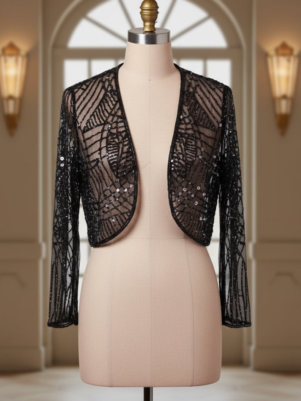Pisarro Nights Beaded Art Deco Mesh Bolero Shrug Black NWT 2 Formal Evening